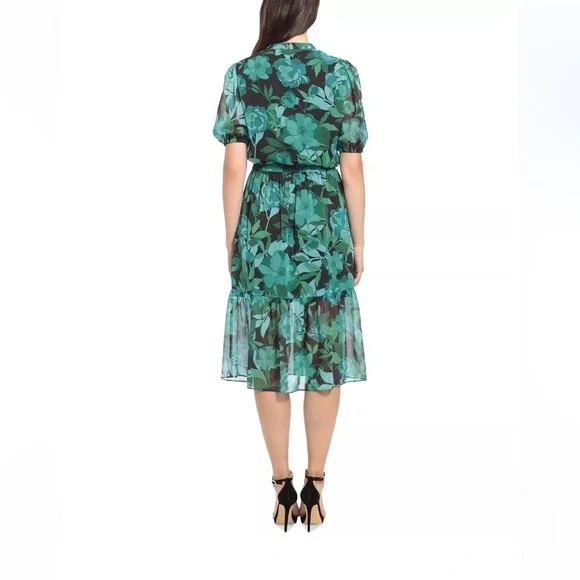 NWT London Times Petite Floral Puff-Sleeve Belted Midi Dress  Size 10P MSRP $99 - Picture 2 of 9